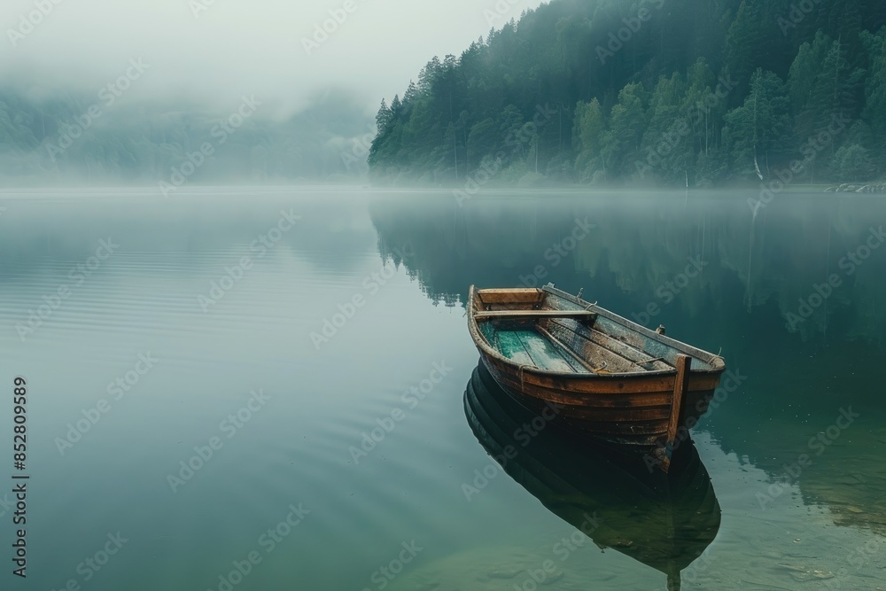 An empty wooden boat drifts on a glassy lake An empty wooden boat drifts on a glassy lake