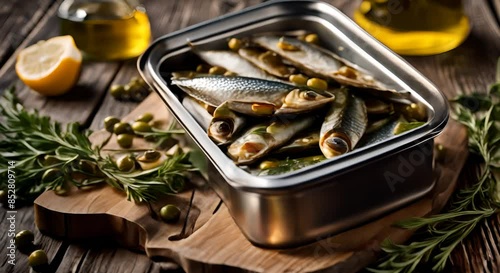 Sardines in a can with olive oil on a rustic wooden table  photo