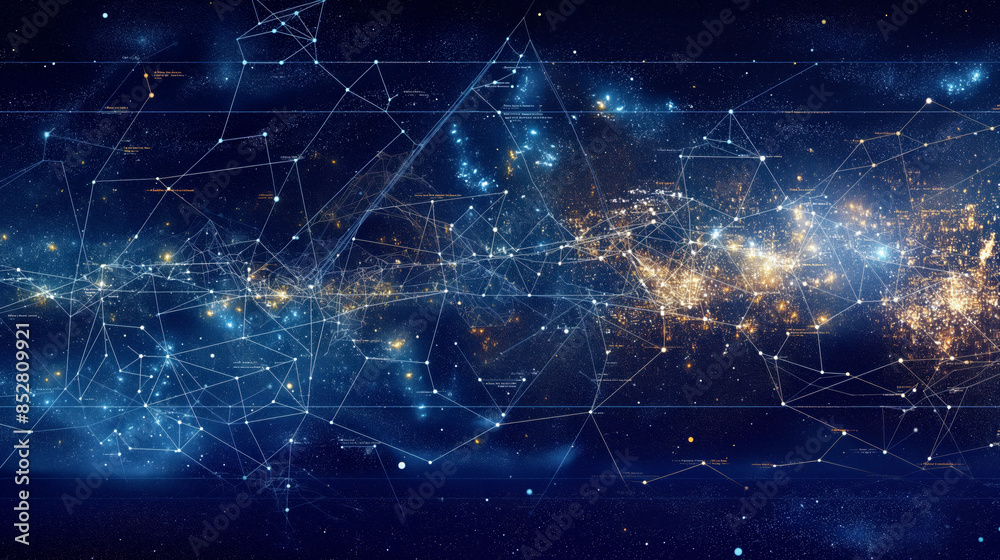 Abstract visualization of data connections across a cosmic background, representing a network of interlinked points and lines against a backdrop of stars. Abstract visualization of data connections across a cosmic background, representing a network of interlinked points and lines against a backdrop of stars.