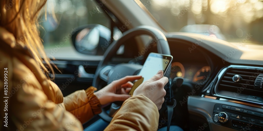 Woman Using Phone While Driving a Car