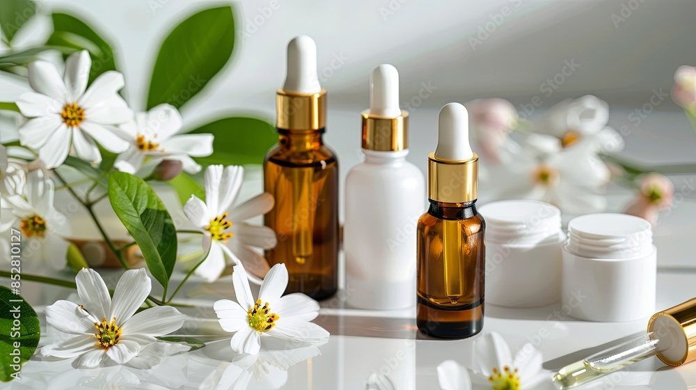 White cosmetic bottles on white background with spa cosmetic oil. Wellness, spa and body care bottles collection. Beauty treatment White cosmetic bottles on white background with spa cosmetic oil. Wellness, spa and body care bottles collection. Beauty treatment