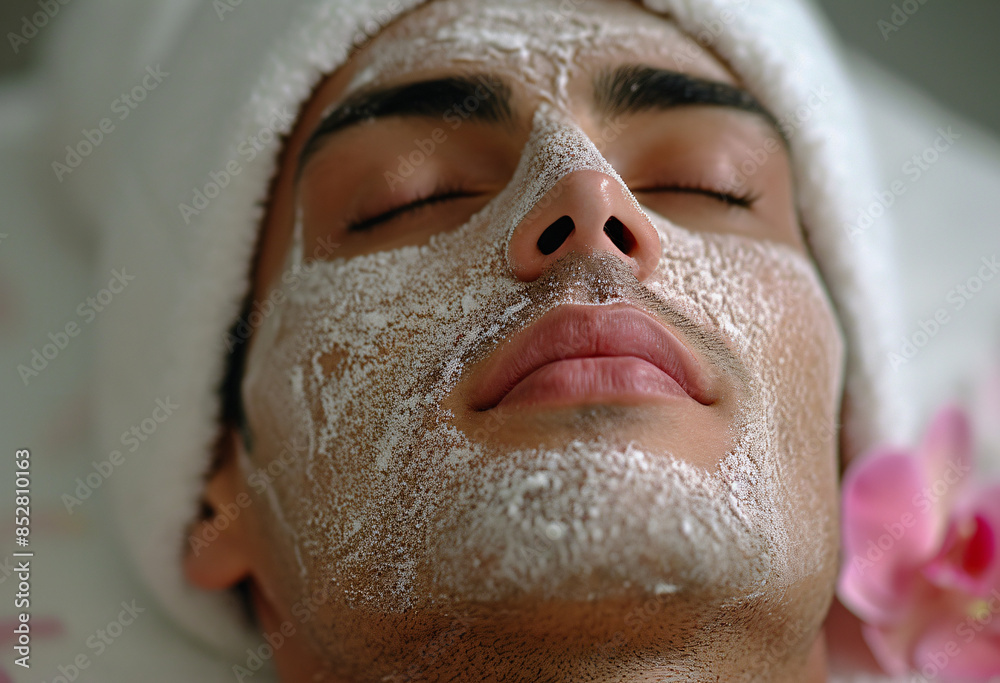 A close-up shot of an attractive Middle Eastern man with black eyes and short hair, wearing a white towel on his head while lying down for facial treatment at the spa A close-up shot of an attractive Middle Eastern man with black eyes and short hair, wearing a white towel on his head while lying down for facial treatment at the spa