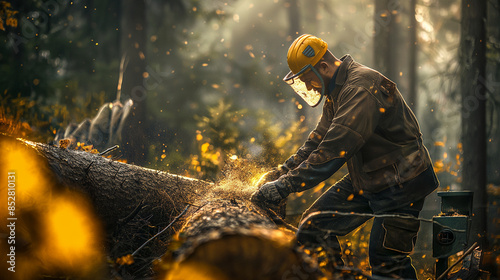 A lumberjack in protective gear carefully guiding a felled tree onto a trailer, surrounded by a dense forest backdrop and sunlight filtering through the leaves. photo