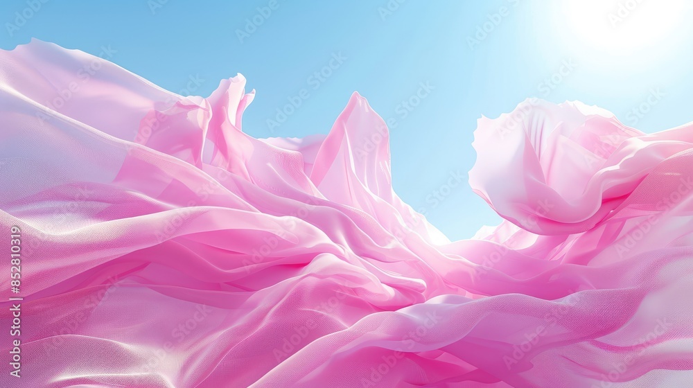 Fototapeta premium Abstract blue sky background with a sea of pink waving fabric creating a fluttering effect