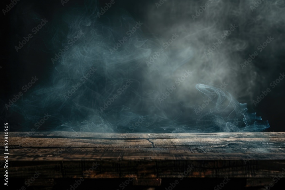 A dark background highlights an empty wooden table where smoke elegantly rises The perfect copy space image to showcase your products A dark background highlights an empty wooden table where smoke elegantly rises The perfect copy space image to showcase your products