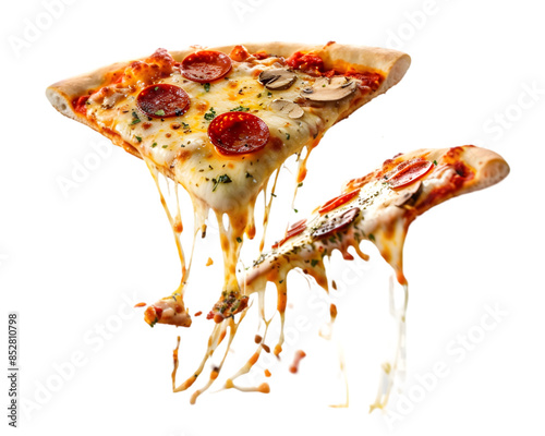 Pizza slice with splashing sauce isolated on white background photo