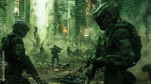A group of soldiers are in a war zone, with a lot of destruction and chaos around them