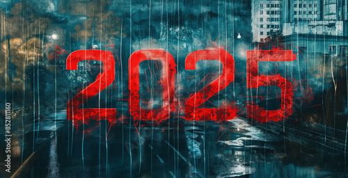 Futuristic rainy cityscape with large red numbers '2025' overlaying the scene. Urban environment with moody atmosphere.