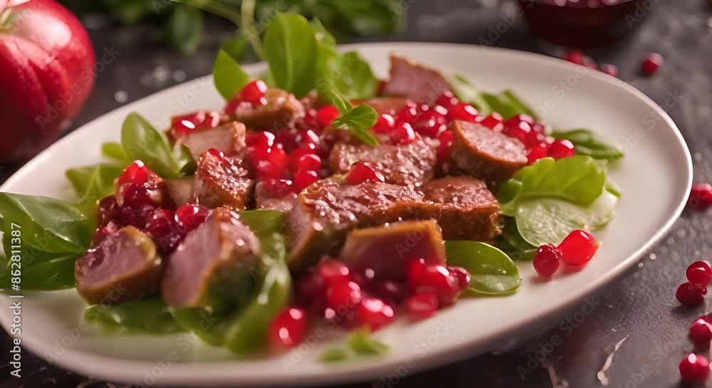 Chicken liver and salad with pomegranate served on a white plate Chicken liver and salad with pomegranate served on a white plate