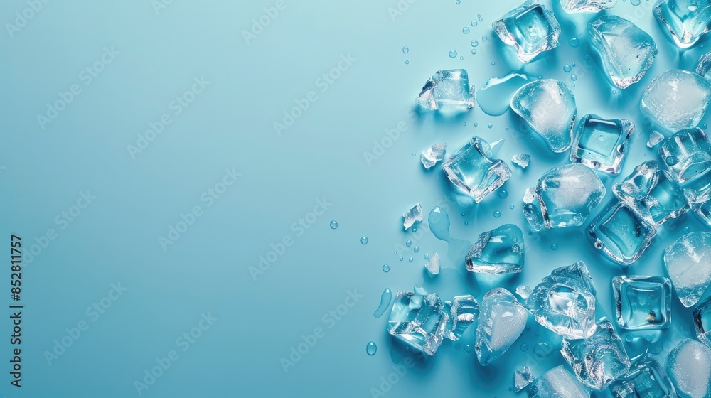 Ice cubes on a blue background. Ice banner. refreshing, cold, cold drink Ice cubes on a blue background. Ice banner. refreshing, cold, cold drink