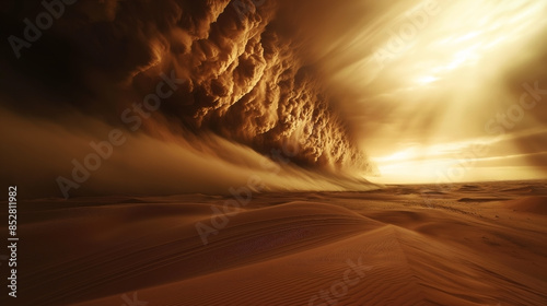 Vast desert landscape engulfed by an approaching massive sandstorm under a dramatic and illuminated sky.