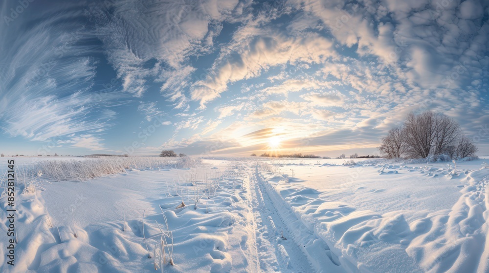 Obraz premium Serene Winter Wonderland Captures Snow-Clad Trees and Calm Stream