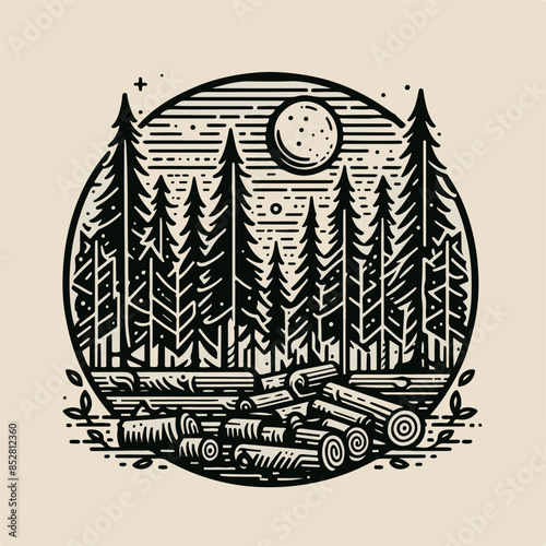 vector illustration of a logo of a forest and logging, cutting down trees
