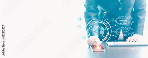 Academy e-learning platform offers online course students can study and learn new concepts, making education accessible through web-based training for modern school experience. banner with copy space