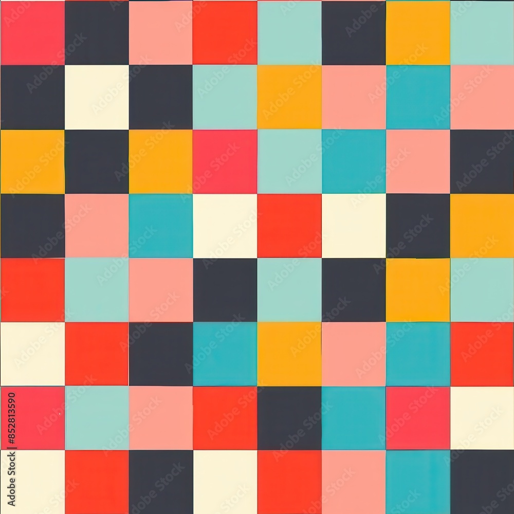 This image showcases a vibrant abstract pattern with various colored squares. The pattern features a grid with a mix of red, yellow, blue, pink, white, and black squares arranged in a dynamic, repeati This image showcases a vibrant abstract pattern with various colored squares. The pattern features a grid with a mix of red, yellow, blue, pink, white, and black squares arranged in a dynamic, repeati