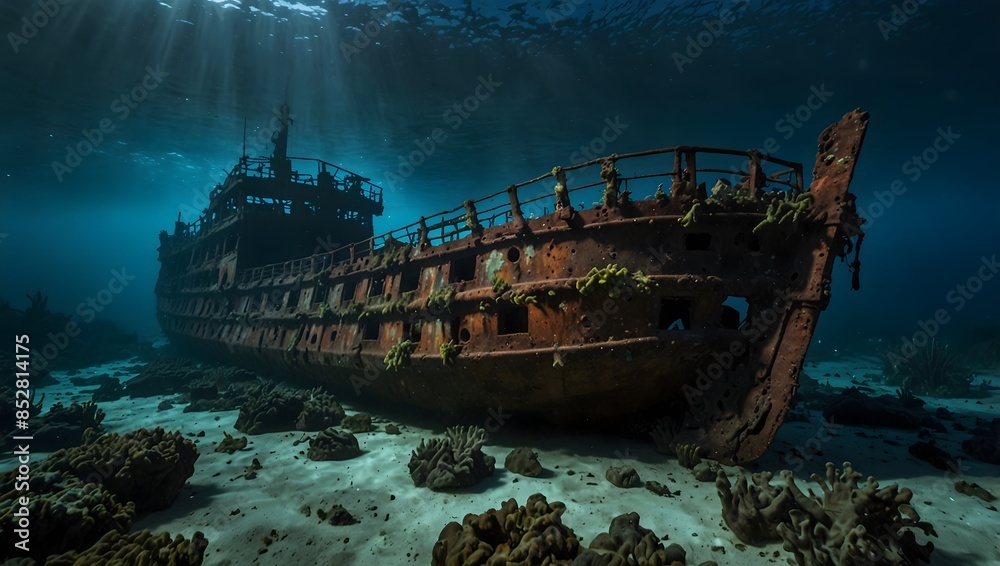 About the eerie tranquility of a sunken ship surrounded by marine life 