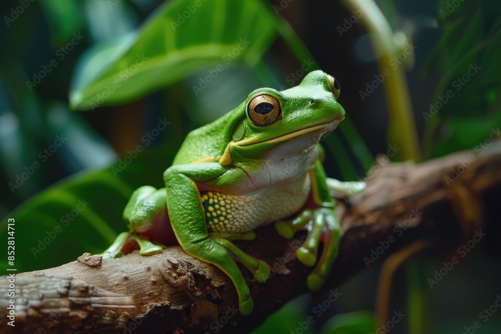 Beautiful green tree frog sitting on a branch Beautiful green tree frog sitting on a branch