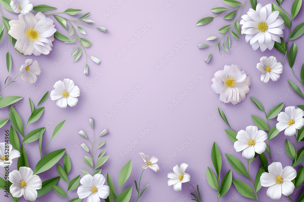 Fototapeta premium Elegant Botanical Floral Border with White Daisies and Green Leaves on Soft Purple Background for Nature Themed Designs, Invitations, and Art Projects