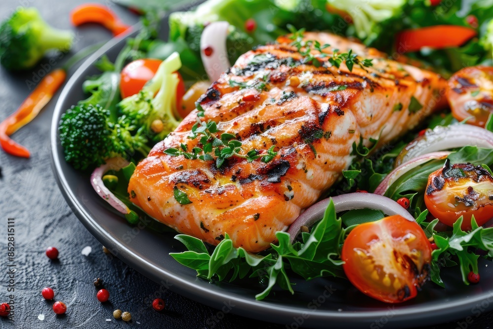 Grilled salmon fish fillet and fresh green leafy vegetable salad with tomatoes, red onion and broccoli