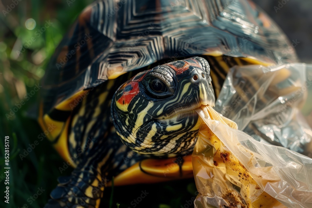Obraz premium Turtle eating plastic bag close up, plastic pollution