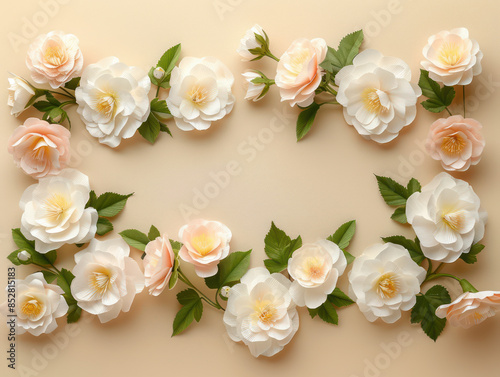 Elegant Frame of White and Peach Roses on Light Beige Background, Perfect for Invitations, Greeting Cards, or Floral Themed Projects Beautiful Floral Arrangement for a Touch of Sophistication photo