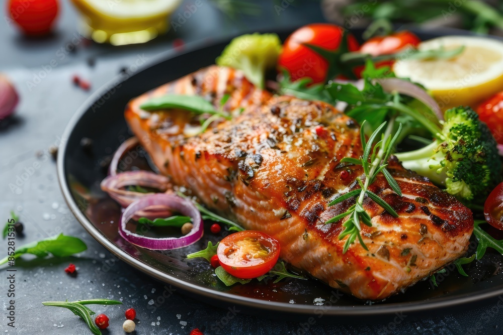 Grilled salmon fish fillet and fresh green leafy vegetable salad with tomatoes, red onion and broccoli Grilled salmon fish fillet and fresh green leafy vegetable salad with tomatoes, red onion and broccoli