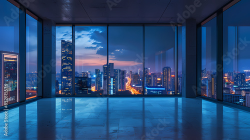 Beautiful empty office with floor to ceiling windows overlooking the city at blue hour