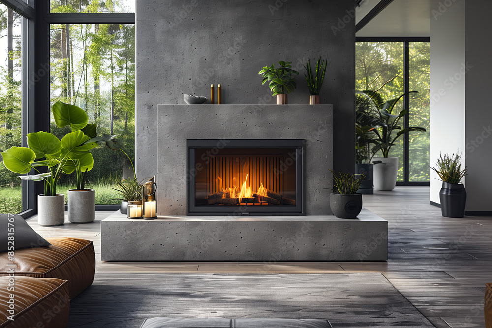 Minimalist style fireplace with burning fire in modern forest house interior.