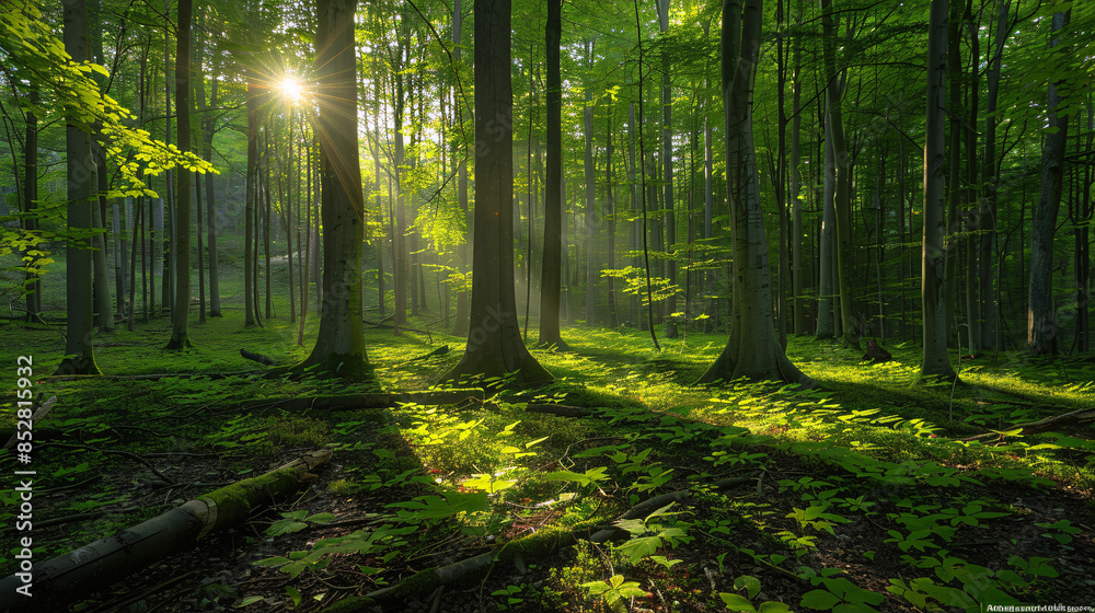 Obraz premium Lush green forest with sunlight streaming through the trees