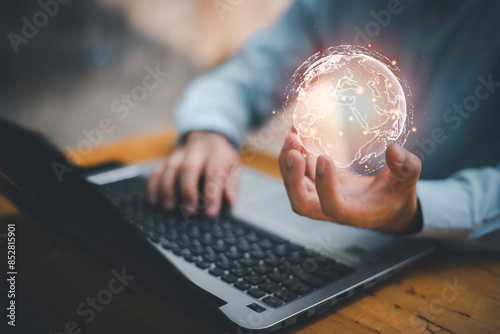 global network connections, innovative technology in science and communication concept, Earth in human hands. earth day. energy saving.