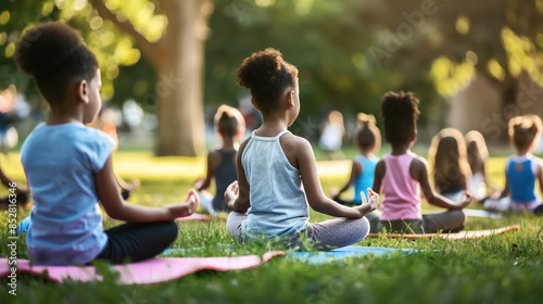 Children practicing yoga on mats in a park, seated in a meditative pose with their backs to the camera. © Natalia