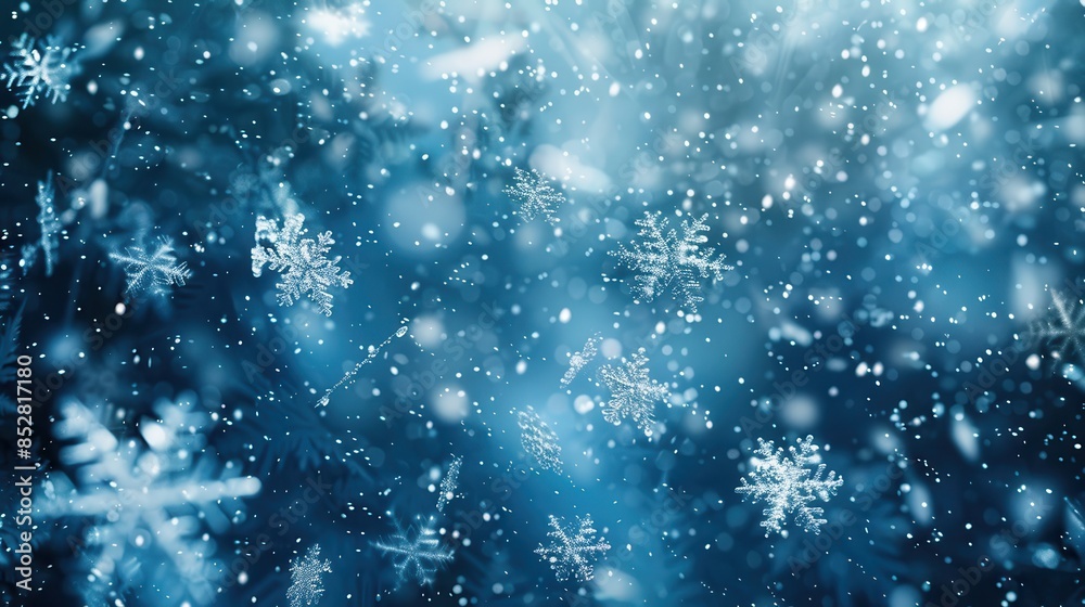 Obraz premium A close-up image of falling snowflakes against a blurred blue background. The snowflakes are in focus and appear to be falling gently, creating a sense of peace and tranquility. The image is perfect f