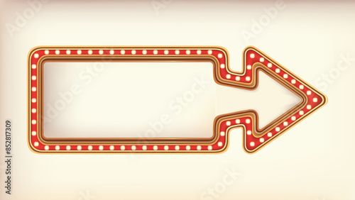 Retro advertising arrow sign red marquee gold light board on white background. Vector illustration