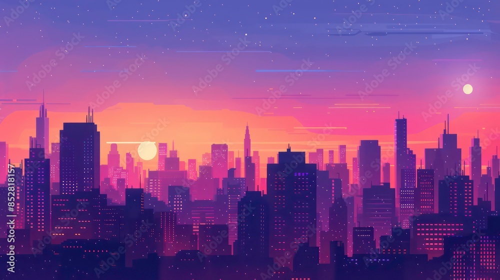 A city skyline at dusk, with the silhouettes of skyscrapers outlined against a gradient sky transitioning A city skyline at dusk, with the silhouettes of skyscrapers outlined against a gradient sky transitioning
