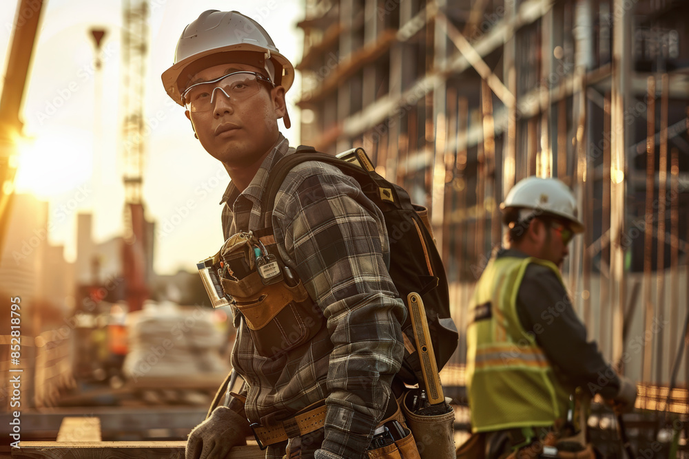Sunset on Construction Site: Workers in Action Sunset on Construction Site: Workers in Action