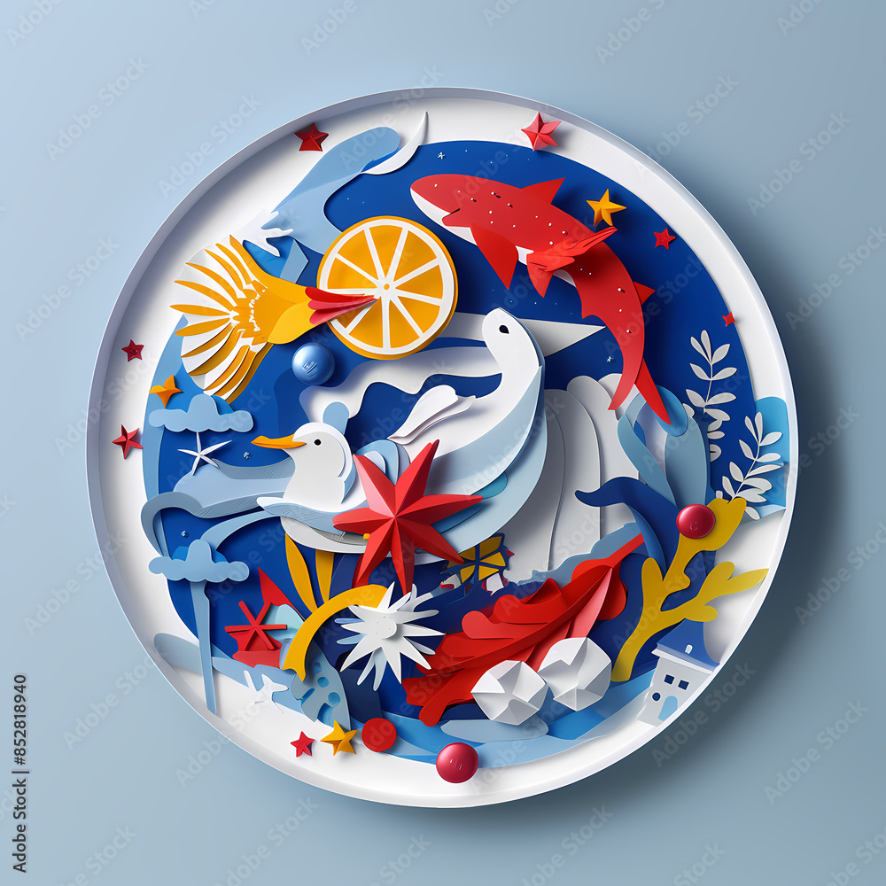 Fototapeta premium Paper cut style plate design with products from America..