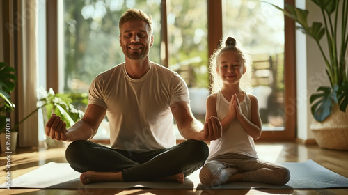 Father and daughter meditating together on a yoga mat in a sunlit room with plants.