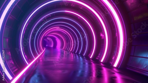 Glowing Neon Tunnel with Fluorescent Ultraviolet Light, Abstract Seamless Background for Futuristic and Tech Themes photo