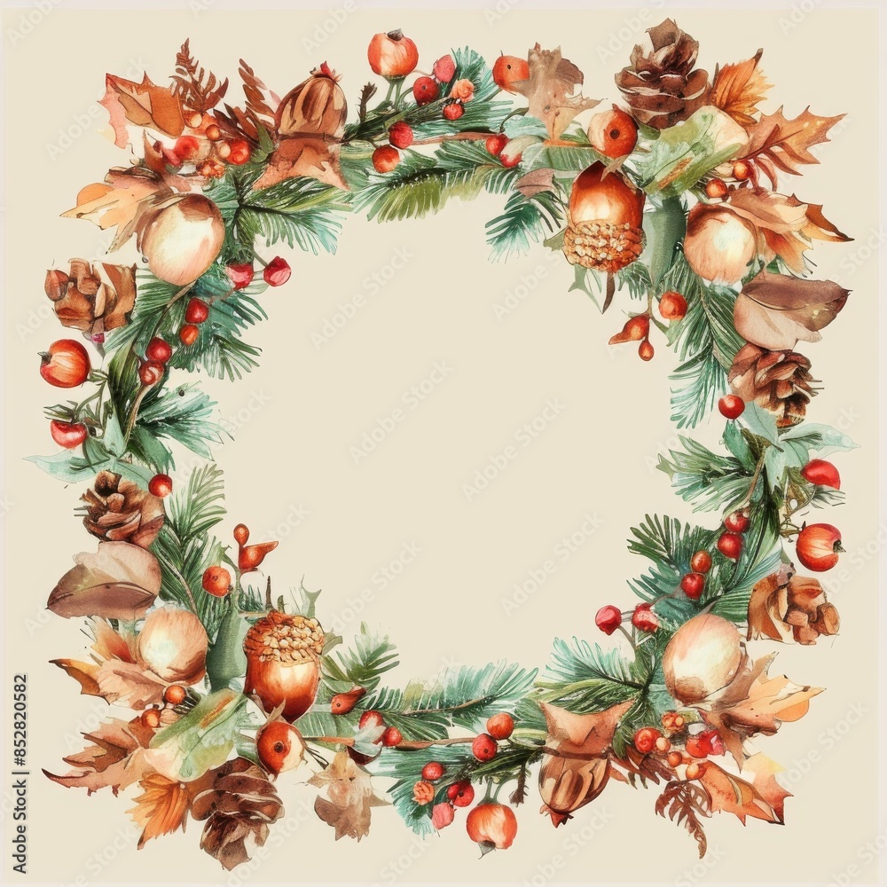 This is a digital watercolor painting depicting a circular wreath made of evergreen branches, autumn leaves, pinecones, berries, and acorns. The wreath is arranged in a circle with a cream-colored bac