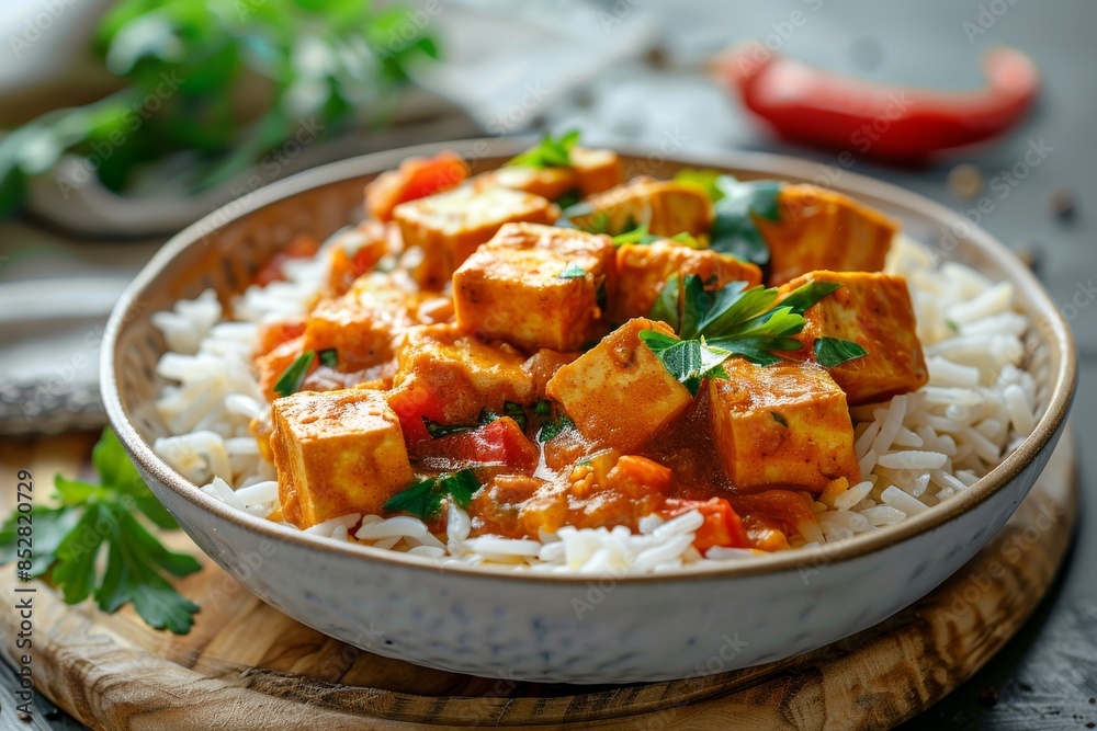 A flavorful tofu and vegetable curry served over steamed brown rice A flavorful tofu and vegetable curry served over steamed brown rice