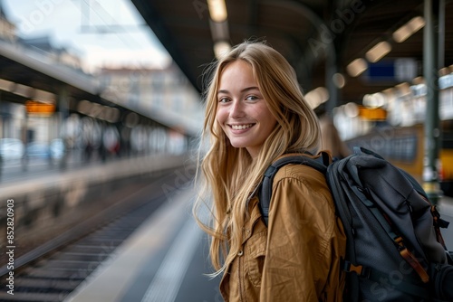 Blonde woman at french train station awaiting high speed train, stock photo winner