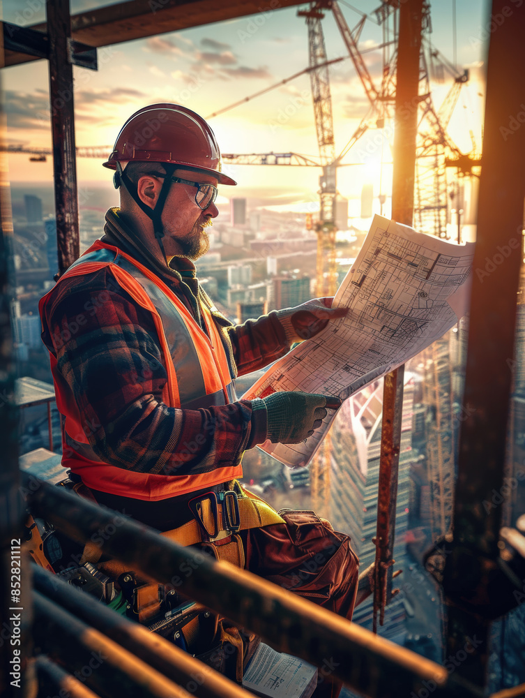 Hard Hat Construction Worker at Sunrise Overlooking City Hard Hat Construction Worker at Sunrise Overlooking City