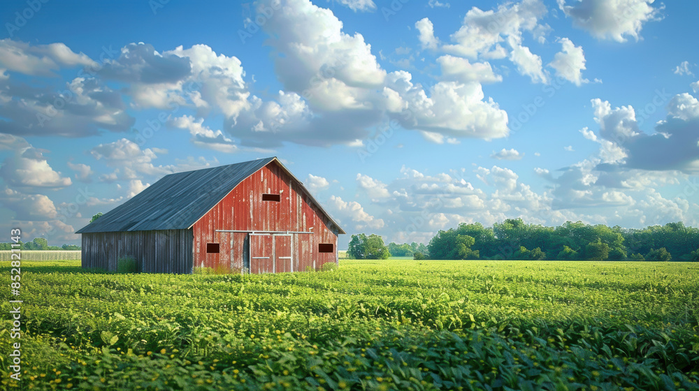 Obraz premium Rustic red barn standing in lush green field under summer sky