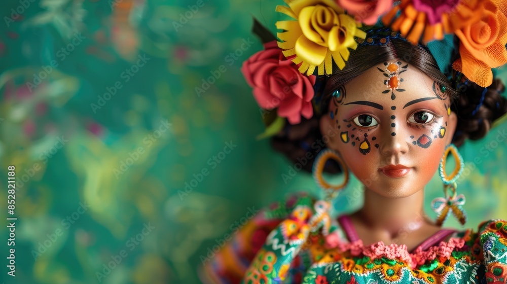 Mexican doll set against a vibrant green backdrop