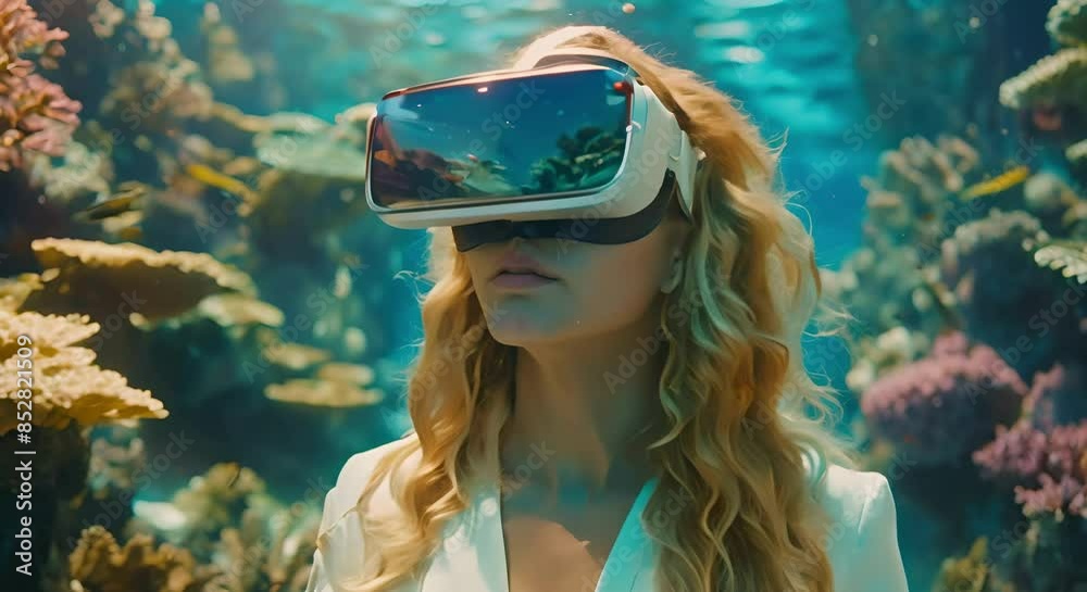 A European woman in VR goggles, dressed in business attire, stands underwater among coral reefs. Immersive Technology, Virtual Reality Travel A European woman in VR goggles, dressed in business attire, stands underwater among coral reefs. Immersive Technology, Virtual Reality Travel