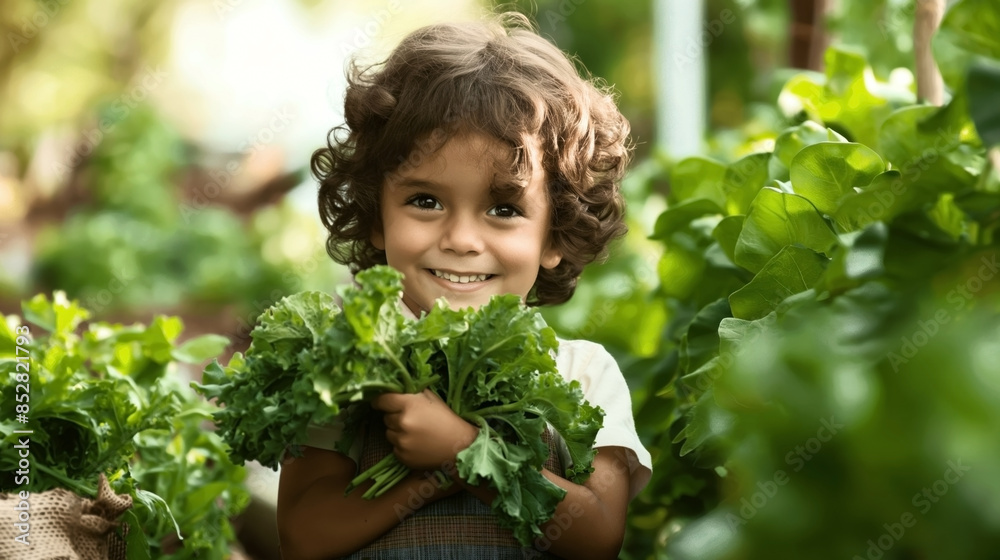 Smiling young child holding fresh kale in a lush garden setting. Smiling young child holding fresh kale in a lush garden setting.