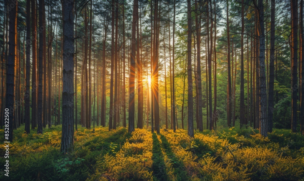 Fototapeta premium Sunlit forest with tall trees