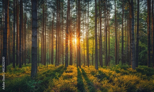 Sunlit forest with tall trees