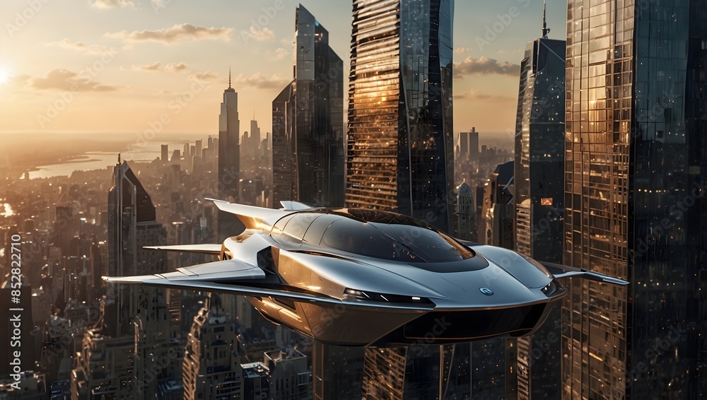 A solar-powered flying car navigating through skyscrapers in a futuristic metropolis ai_generated