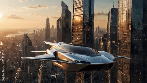 Obraz na płótnie A solar-powered flying car navigating through skyscrapers in a futuristic metropolis ai_generated w salonie